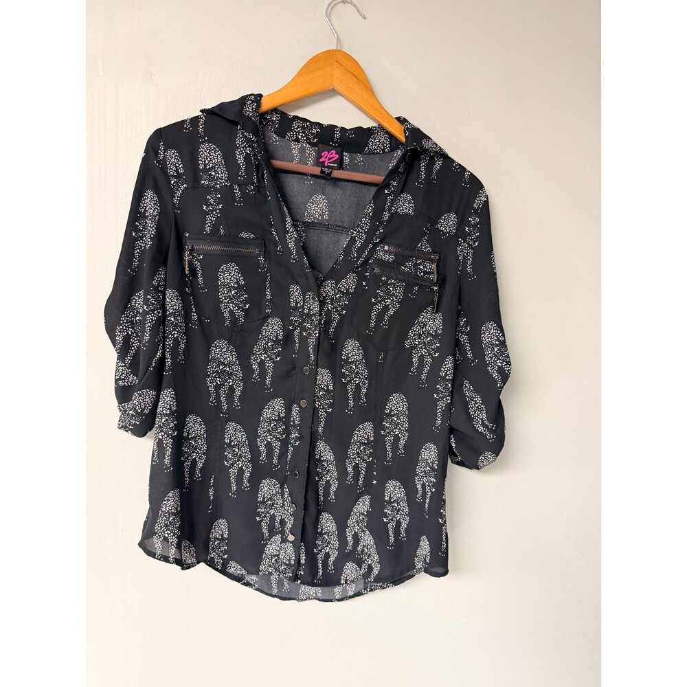 2b Bebe Womens Small Sheer Leopard Print Blouse Black Button Front Top
